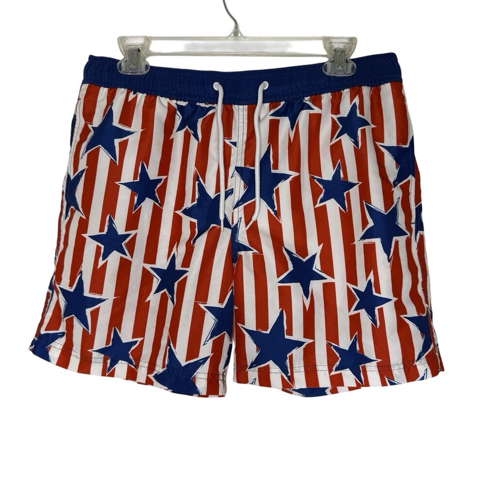 Mad Engine USA Flag Swim Shorts Size M Patriotic Stars Stripes Red Blue White